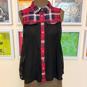 🖤 Y2K Plaid & Sheer Distressed Look Sleeveless Button-Up Top